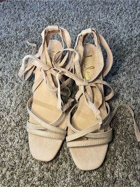 Lulus Nude Strappy Wraparound Heels – Size 7.5